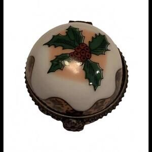 🌼Small Collectible Christmas Holly Trinket Box China Jewelry Box Signed 1898